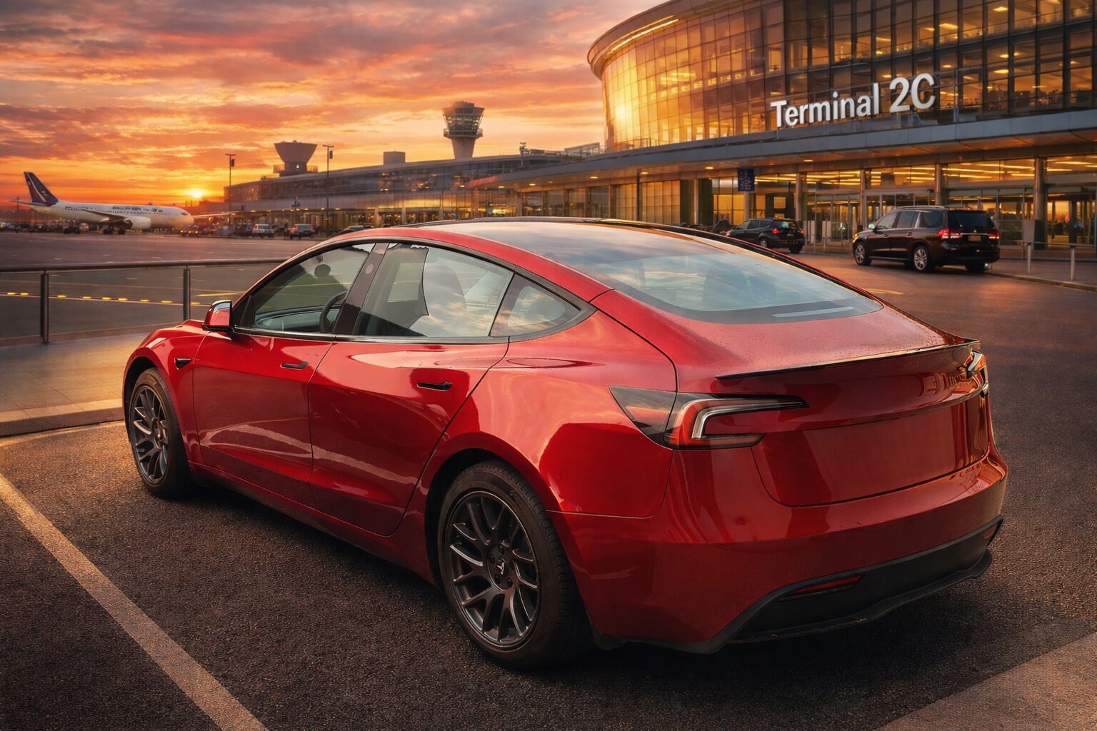 Tesla rouge RAÉVA devant l’aéroport Paris-Charles de Gaulle